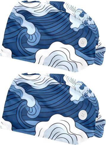 2 Pack Surgical Caps for Women and Men, Tie Back Scrub Hats with Sweatband, Art Pattern Women and Music Notes in Kuwait