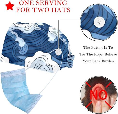 2 Pack Surgical Caps for Women and Men, Tie Back Scrub Hats with Sweatband, Art Pattern Women and Music Notes in Kuwait