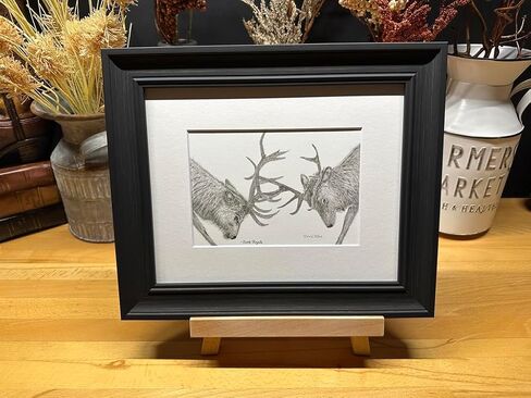 Elk Fighting Nature Wildlife Graphite Pencil Art Sketch Drawing Print Picture Limited Edition ~ Titled 'Battle Royale' by David Allen (8x10 Gray Frame & Print) in Saudi Arabia