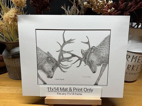 Elk Fighting Nature Wildlife Graphite Pencil Art Sketch Drawing Print Picture Limited Edition ~ Titled 'Battle Royale' by David Allen (8x10 Gray Frame & Print) in Saudi Arabia