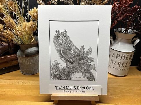 Owl Bird Nature Wildlife Graphite Pencil Art Sketch رسم طباعة صورة محدودة ~ بعنوان "المزج في" بقلم ديفيد ألين (11x14 إطار وطباعة) in Saudi Arabia