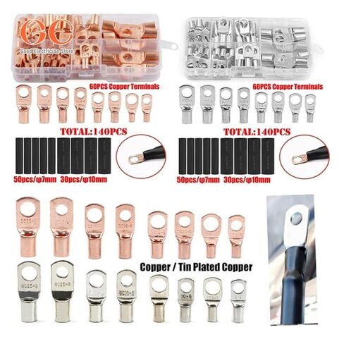 60X Copper Ring Lug Connector SC6-25 + 80X Heat Shrink Tubing 7mm 10mm Black Polyolefin Kit Wire Crimp Connector (Color : 60PCS Gold) in Kuwait
