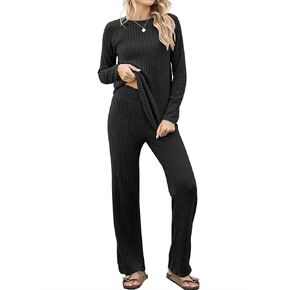 ANRABESS Women's 2 Piece Lounge Pajama Sets Ribbed Knit Long Sleeve Tops Matching Pants 2025 Casual Fall Sleepwear Outfits in Kuwait