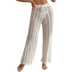 OYOANGLE Women's Hollow Out Crochet Knit Swimsuit Cover Up Pants Drawstring Elastic High Waisted Beach Pants in Kuwait