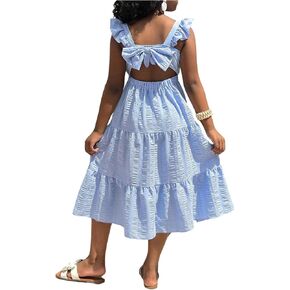 Girl's Ruffled Cami Dress Y2k Tiered Bow Back Cut Out High Waist A Line Flowy Midi Dresses in Kuwait