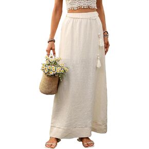 Women's Pure Linen Maxi Skirt with Tassel Belt 100% Linen A Line Wrap Skirts in Kuwait