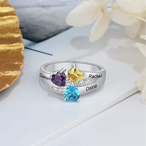 هدايا عيد الأم يوم الأم لخاتم الابنة الأم مع 3 محاكاة من أحجار المواليد والأسماء 18K الذهب الأبيض مملوءة 925 رنين الفضة الاسترليني خواتم عائلة مخصصة لخواتم جدة الأم امرأة عيد ميلاد عيد ميلاد عيد الأم هدية in Kuwait