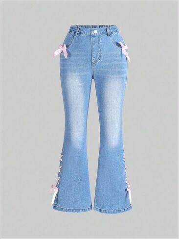 Floerns Girl's Bell Bottom Flare Jeans Cute Lace Up Bow Side Y2k Denim Pants in Kuwait