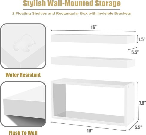 Sorbus Floating Shelves for Wall Set of 3 - Bathroom Shelves for Wall Storage, Over Toilet, Bedroom, Farmhouse, Decor - 2 Floating Shelves with Invisible Brackets & 1 Rectangular Box in Saudi Arabia