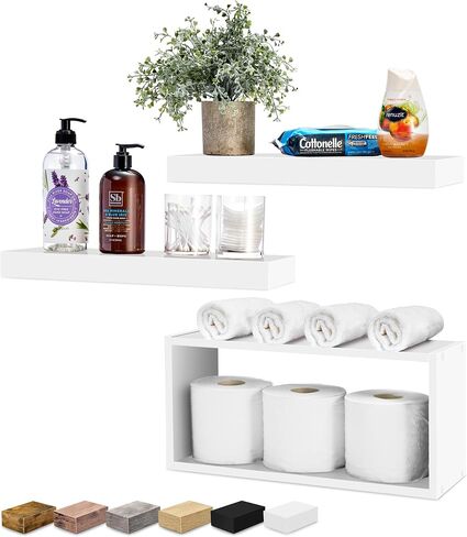 Sorbus Floating Shelves for Wall Set of 3 - Bathroom Shelves for Wall Storage, Over Toilet, Bedroom, Farmhouse, Decor - 2 Floating Shelves with Invisible Brackets & 1 Rectangular Box in Saudi Arabia