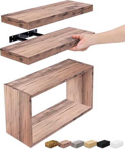 Sorbus Floating Shelves for Wall Set of 3 - Bathroom Shelves for Wall Storage, Over Toilet, Bedroom, Farmhouse, Decor - 2 Floating Shelves with Invisible Brackets & 1 Rectangular Box in Saudi Arabia