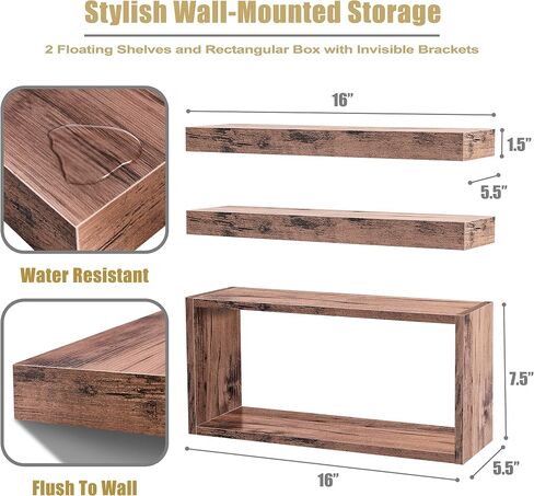 Sorbus Floating Shelves for Wall Set of 3 - Bathroom Shelves for Wall Storage, Over Toilet, Bedroom, Farmhouse, Decor - 2 Floating Shelves with Invisible Brackets & 1 Rectangular Box in Saudi Arabia