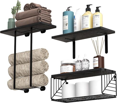 Floating Shelves for Wall Decor, Set of 3 Bathroom Shelves Over Toilet with Paper Storage Basket and Towel Rack, Farmhouse Wall Shelves for Bathroom, Bedroom, Living Room, Kitchen, Brown in Saudi Arabia
