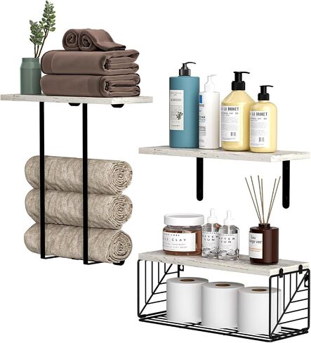 Floating Shelves for Wall Decor, Set of 3 Bathroom Shelves Over Toilet with Paper Storage Basket and Towel Rack, Farmhouse Wall Shelves for Bathroom, Bedroom, Living Room, Kitchen, Brown in Saudi Arabia