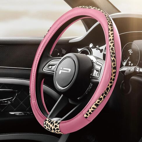Road Comforts Steering Wheel Cover - Made with PVC Leather and Leopard Fabric - Universal 14 1/2 inches to 15 inches for Most Automotive Steering Wheel - Cheetah Print -Pink in Kuwait