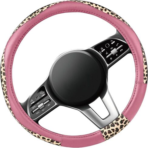 Road Comforts Steering Wheel Cover - Made with PVC Leather and Leopard Fabric - Universal 14 1/2 inches to 15 inches for Most Automotive Steering Wheel - Cheetah Print -Pink in Kuwait