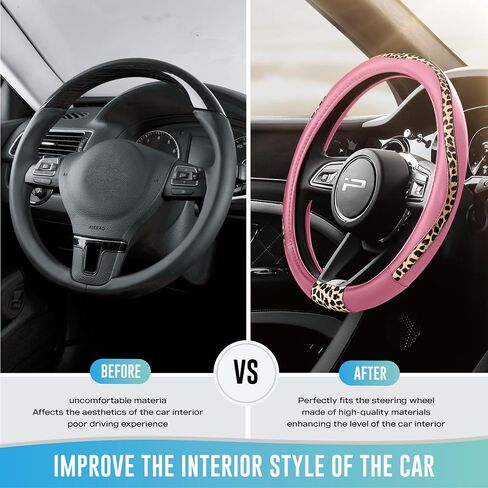 Road Comforts Steering Wheel Cover - Made with PVC Leather and Leopard Fabric - Universal 14 1/2 inches to 15 inches for Most Automotive Steering Wheel - Cheetah Print -Pink in Kuwait