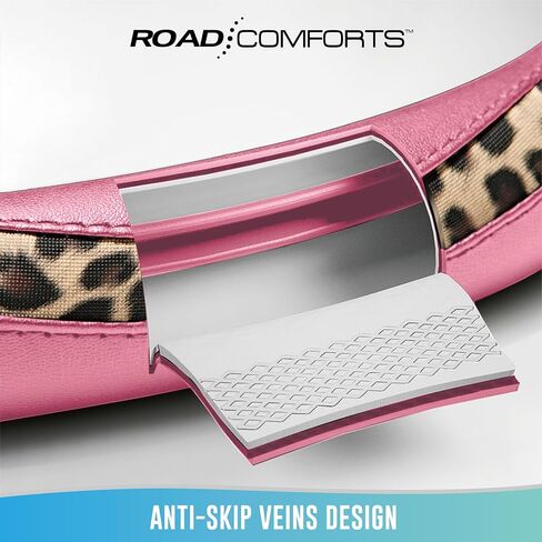 Road Comforts Steering Wheel Cover - Made with PVC Leather and Leopard Fabric - Universal 14 1/2 inches to 15 inches for Most Automotive Steering Wheel - Cheetah Print -Pink in Kuwait