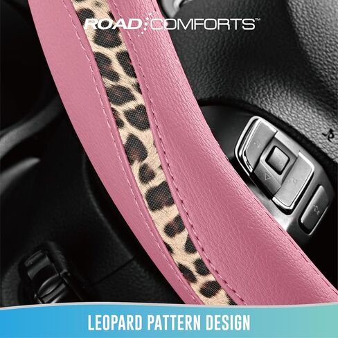 Road Comforts Steering Wheel Cover - Made with PVC Leather and Leopard Fabric - Universal 14 1/2 inches to 15 inches for Most Automotive Steering Wheel - Cheetah Print -Pink in Kuwait