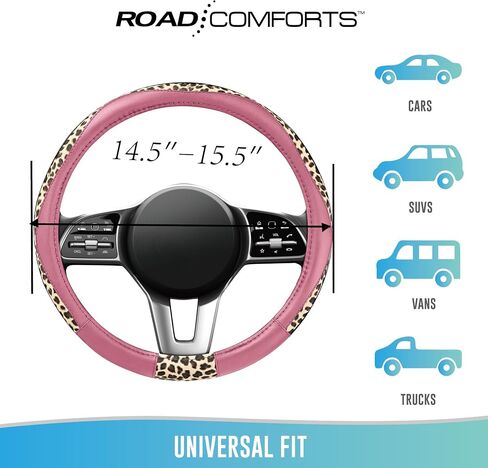 Road Comforts Steering Wheel Cover - Made with PVC Leather and Leopard Fabric - Universal 14 1/2 inches to 15 inches for Most Automotive Steering Wheel - Cheetah Print -Pink in Kuwait