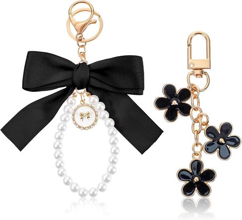 2 Pcs Black Bow Keychain Wonderful Pearl Bow Keychain Cute Flower Bowknot & Pearl Keyring Charms Bows Bag Purse Charm Wristlet Ribbon Keychains for Purse Handbags Backpack in Saudi Arabia