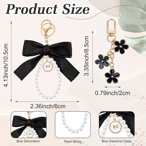 2 Pcs Black Bow Keychain Wonderful Pearl Bow Keychain Cute Flower Bowknot & Pearl Keyring Charms Bows Bag Purse Charm Wristlet Ribbon Keychains for Purse Handbags Backpack in Saudi Arabia
