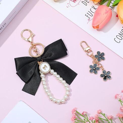 2 Pcs Black Bow Keychain Wonderful Pearl Bow Keychain Cute Flower Bowknot & Pearl Keyring Charms Bows Bag Purse Charm Wristlet Ribbon Keychains for Purse Handbags Backpack in Saudi Arabia