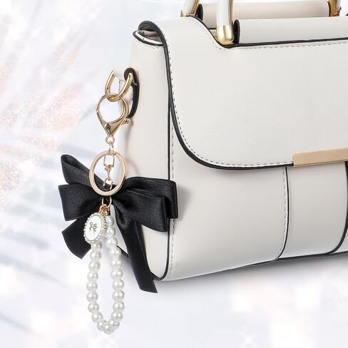 2 Pcs Black Bow Keychain Wonderful Pearl Bow Keychain Cute Flower Bowknot & Pearl Keyring Charms Bows Bag Purse Charm Wristlet Ribbon Keychains for Purse Handbags Backpack in Saudi Arabia