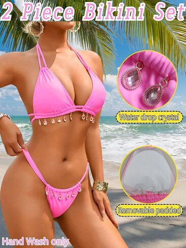 Women's Crystal Double Straps Bikini Set, Sexy Brazilian Halter 2 Piece Swimsuit for Beach Vacation in Saudi Arabia
