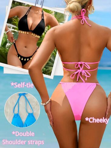 Women's Crystal Double Straps Bikini Set, Sexy Brazilian Halter 2 Piece Swimsuit for Beach Vacation in Saudi Arabia
