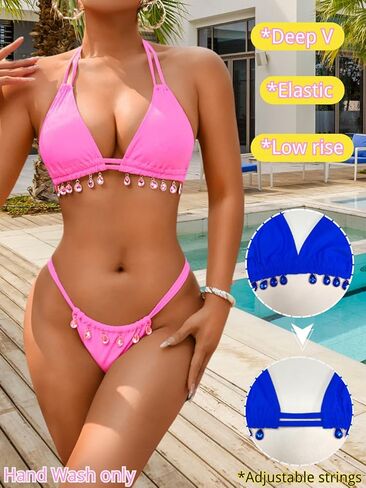 Women's Crystal Double Straps Bikini Set, Sexy Brazilian Halter 2 Piece Swimsuit for Beach Vacation in Saudi Arabia