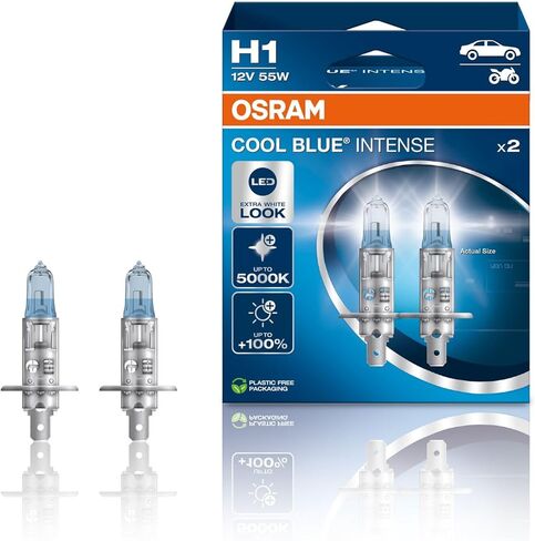 Osram Cool Blue Intense H1 ، +100 ٪ أكثر سطوعًا ، ما يصل إلى 5000 ألف ، مصباح مصباح هالوجين ، LED ، صندوق الثنائي (2 مصابيح) 64150CBN-HCB in Saudi Arabia
