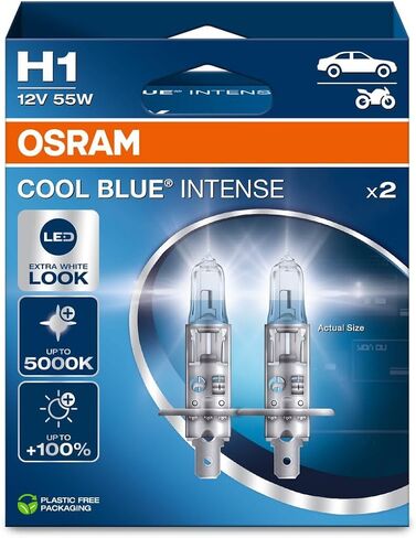 Osram Cool Blue Intense H1 ، +100 ٪ أكثر سطوعًا ، ما يصل إلى 5000 ألف ، مصباح مصباح هالوجين ، LED ، صندوق الثنائي (2 مصابيح) 64150CBN-HCB in Saudi Arabia