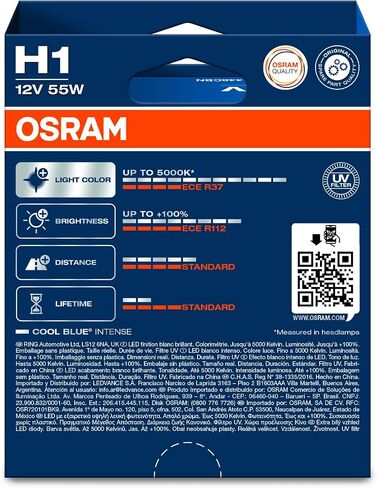 Osram Cool Blue Intense H1 ، +100 ٪ أكثر سطوعًا ، ما يصل إلى 5000 ألف ، مصباح مصباح هالوجين ، LED ، صندوق الثنائي (2 مصابيح) 64150CBN-HCB in Saudi Arabia