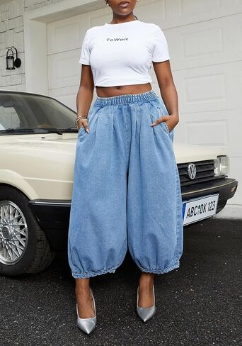 LKOUS Women's Causal Wide Leg Jeans,High Waisted Baggy Cropped Denim Pant with Pockets in Saudi Arabia