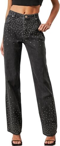 Kedera Womens High Waisted Rhinestone Jeans Wide Leg Denim Pants Sparkle Jeans Studded Bling Pants with Diamonds in Saudi Arabia