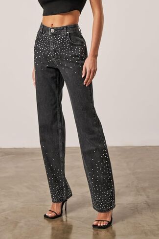 Kedera Womens High Waisted Rhinestone Jeans Wide Leg Denim Pants Sparkle Jeans Studded Bling Pants with Diamonds in Saudi Arabia