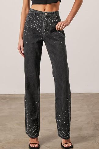 Kedera Womens High Waisted Rhinestone Jeans Wide Leg Denim Pants Sparkle Jeans Studded Bling Pants with Diamonds in Saudi Arabia