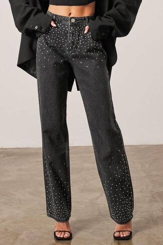 Kedera Womens High Waisted Rhinestone Jeans Wide Leg Denim Pants Sparkle Jeans Studded Bling Pants with Diamonds in Saudi Arabia