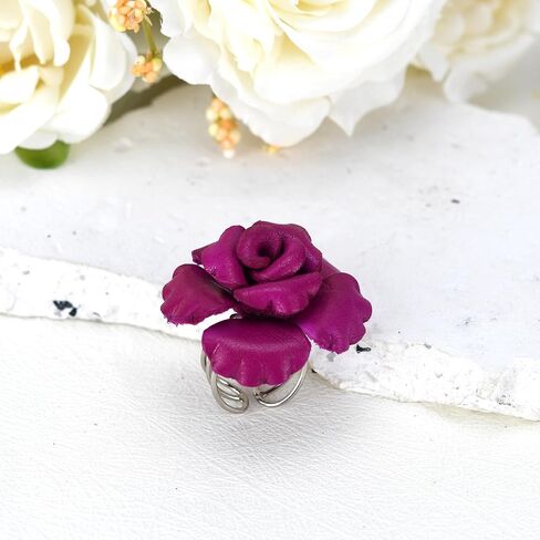 AeraVida Red Petals Genuine Leather Blooming Rose Free Size Ring | Floral Statement Adjustable Ring for Women | Statement Handmade Ring in Kuwait