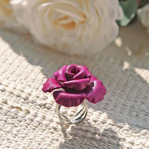 AeraVida Red Petals Genuine Leather Blooming Rose Free Size Ring | Floral Statement Adjustable Ring for Women | Statement Handmade Ring in Kuwait