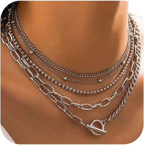 5Pcs Layered Gold Paperclip Zircon Necklaces for Women Trendy, Statement Silver OT Buckle Cuban Chain Choker Necklace Western Country Y2k Party Jewelry in Saudi Arabia