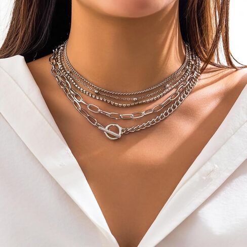 5Pcs Layered Gold Paperclip Zircon Necklaces for Women Trendy, Statement Silver OT Buckle Cuban Chain Choker Necklace Western Country Y2k Party Jewelry in Saudi Arabia