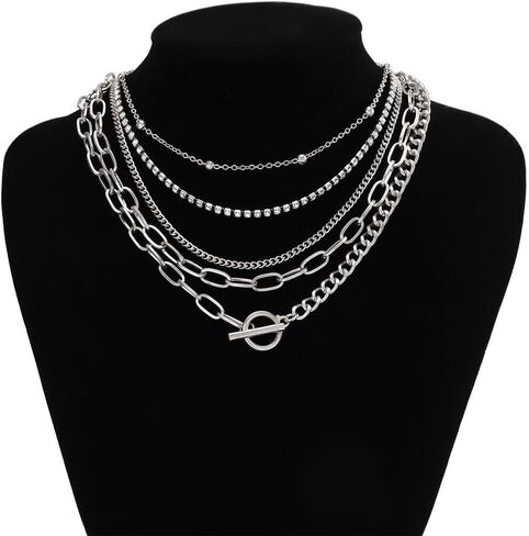 5Pcs Layered Gold Paperclip Zircon Necklaces for Women Trendy, Statement Silver OT Buckle Cuban Chain Choker Necklace Western Country Y2k Party Jewelry in Saudi Arabia