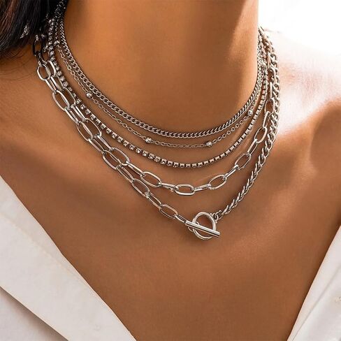 5Pcs Layered Gold Paperclip Zircon Necklaces for Women Trendy, Statement Silver OT Buckle Cuban Chain Choker Necklace Western Country Y2k Party Jewelry in Saudi Arabia