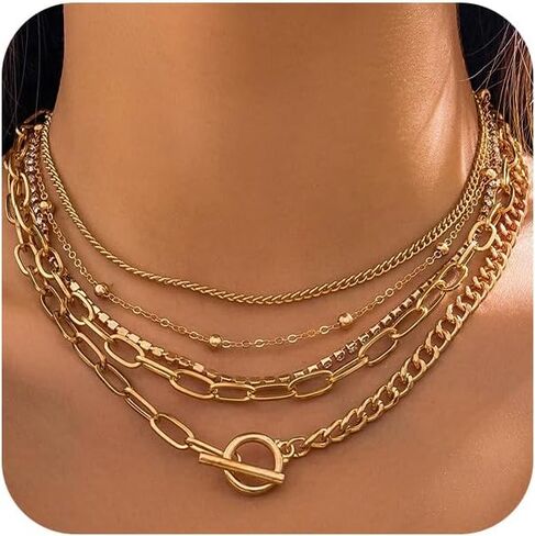 5Pcs Layered Gold Paperclip Zircon Necklaces for Women Trendy, Statement Silver OT Buckle Cuban Chain Choker Necklace Western Country Y2k Party Jewelry in Saudi Arabia