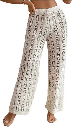 OYOANGLE Women's Hollow Out Crochet Knit Swimsuit Cover Up Pants Drawstring Elastic High Waisted Beach Pants in Saudi Arabia