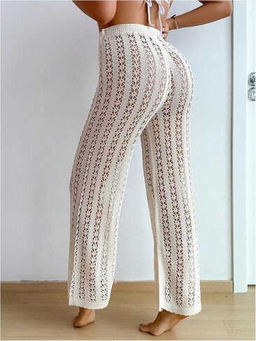 OYOANGLE Women's Hollow Out Crochet Knit Swimsuit Cover Up Pants Drawstring Elastic High Waisted Beach Pants in Saudi Arabia