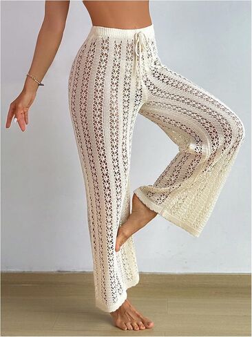 OYOANGLE Women's Hollow Out Crochet Knit Swimsuit Cover Up Pants Drawstring Elastic High Waisted Beach Pants in Saudi Arabia