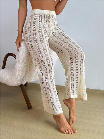 OYOANGLE Women's Hollow Out Crochet Knit Swimsuit Cover Up Pants Drawstring Elastic High Waisted Beach Pants in Saudi Arabia